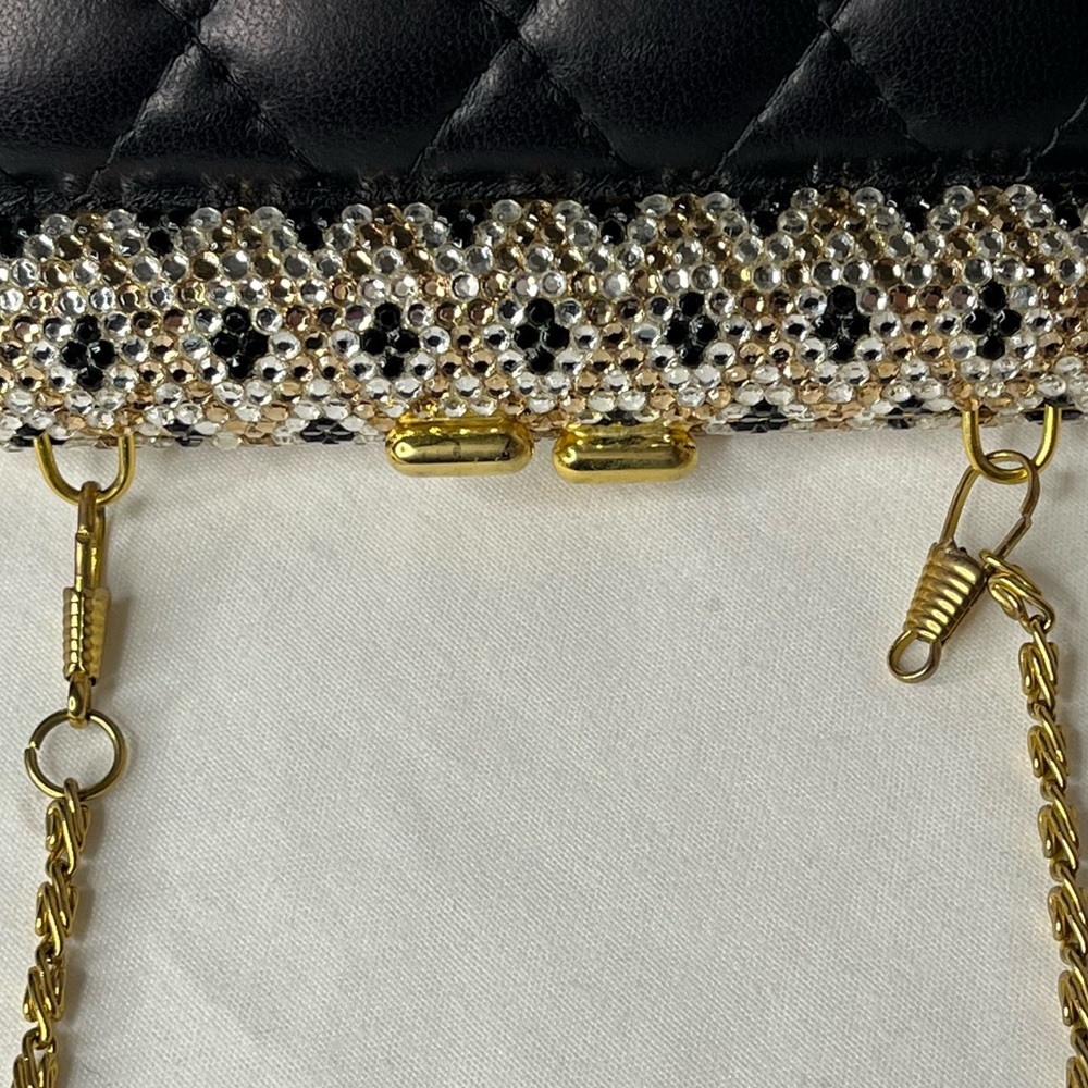 90s Beaded Rhinestone Clasp Quilted Black Leather Mini Bag Purse Chain Strap - Picture 8 of 16